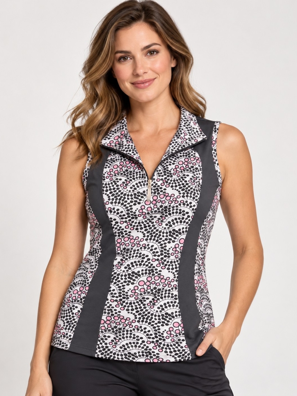 Swing Brand Sleeveless Zip-Front Golf Shurt in Black, White & Pink